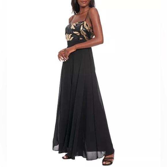 London Times Petite Sequin-Bodice Wide-Leg Jumpsuit Black Gold Women’s Sz 4P - Picture 2 of 9